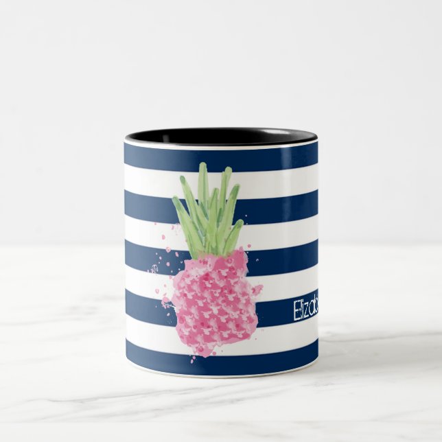 Tasse 2 Couleurs Aquarelle ananas Tropical, Bleu marine rayé (Centre)
