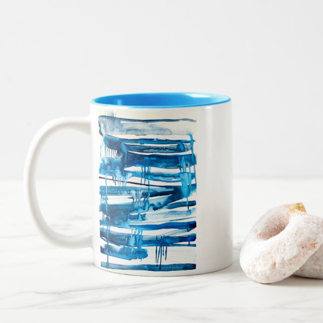 Tasse 2 Couleurs Aquarelle bleu art abstrait (Avec donut)