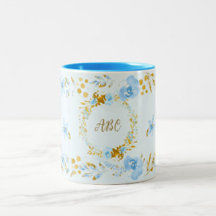Tasse 2 Couleurs Aquarelle bleu clair personnalisée Or floral