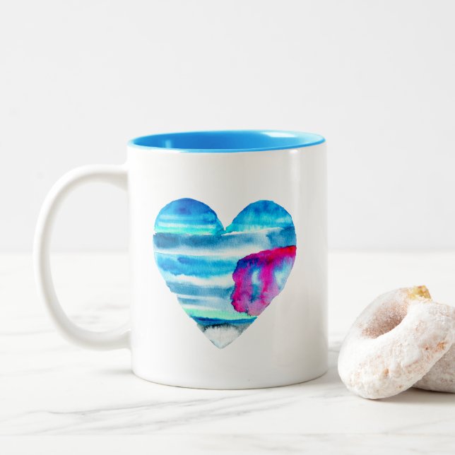 Tasse 2 Couleurs Aquarelle bleu coeur mignon (Avec donut)