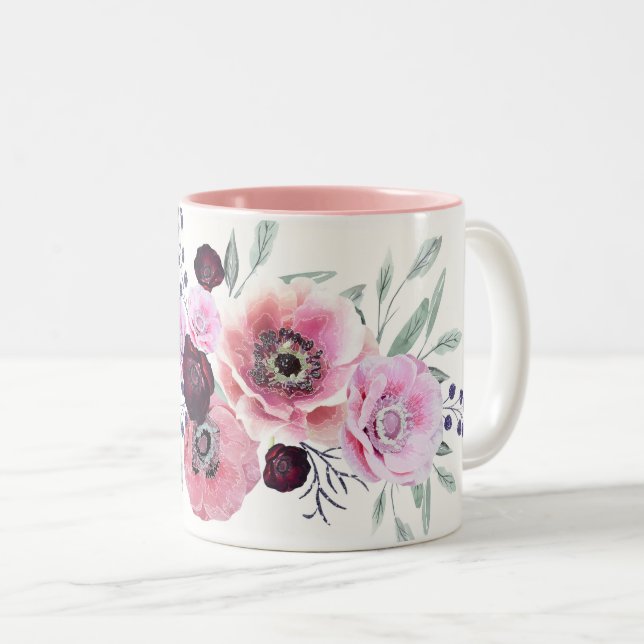 Tasse 2 Couleurs Aquarelle bordeaux fleurs roses (Devant droit)