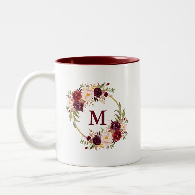 Tasse 2 Couleurs Aquarelle Bourgogne Floral Gold Circle Monogramme (Gauche)
