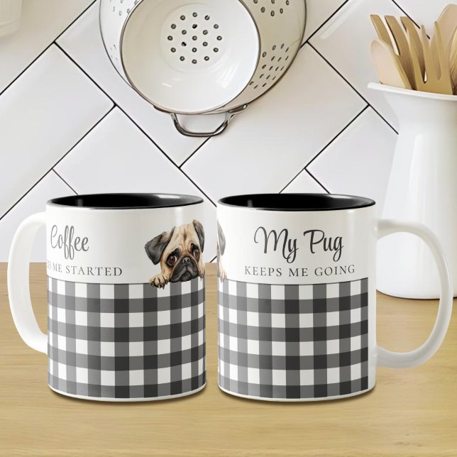 Tasse 2 Couleurs Aquarelle Carlin chien plaid noir blanc personnali (Créateur téléchargé)