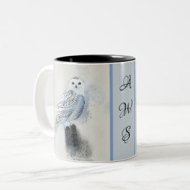Tasse 2 Couleurs Aquarelle de Chouette Neige avec Monogramme (Devant gauche)