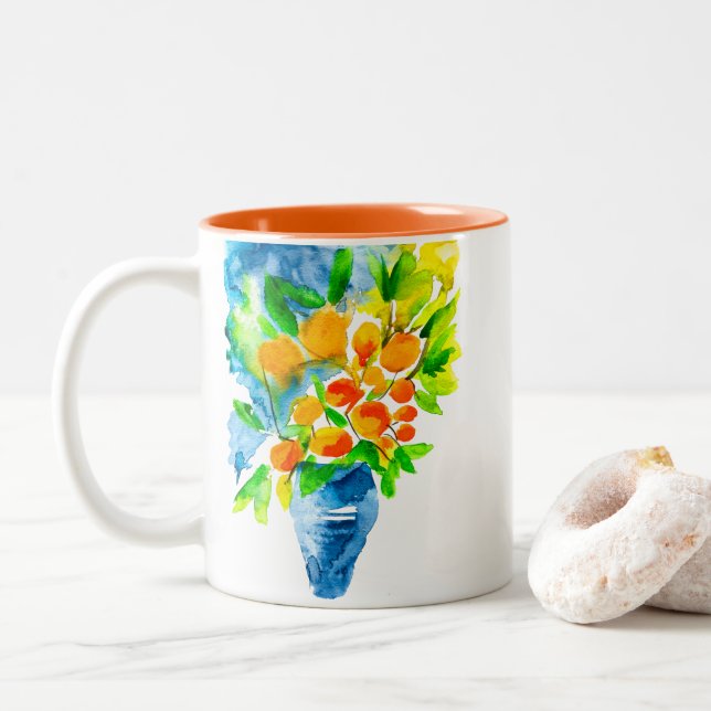 Tasse 2 Couleurs Aquarelle de fruits d'art kumquat orange (Avec donut)