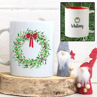 Tasse 2 Couleurs Aquarelle de la couronne de Noël Berries rouges et