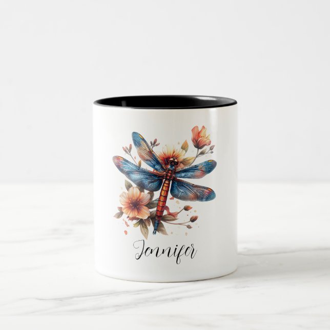 Tasse 2 Couleurs Aquarelle de libellule florale Nom personnalisé (Centre)