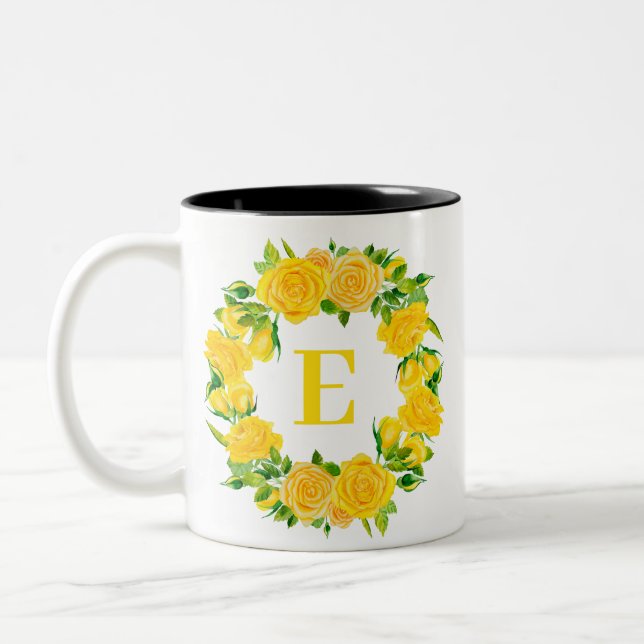 Tasse 2 Couleurs Aquarelle d'été Fleurs Jaunes Monogramme de couron (Gauche)
