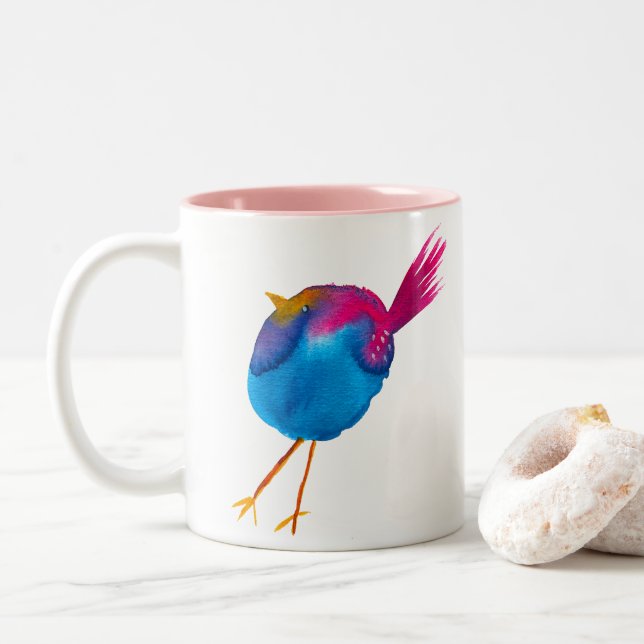 Tasse 2 Couleurs Aquarelle d'oiseau bleu (Avec donut)