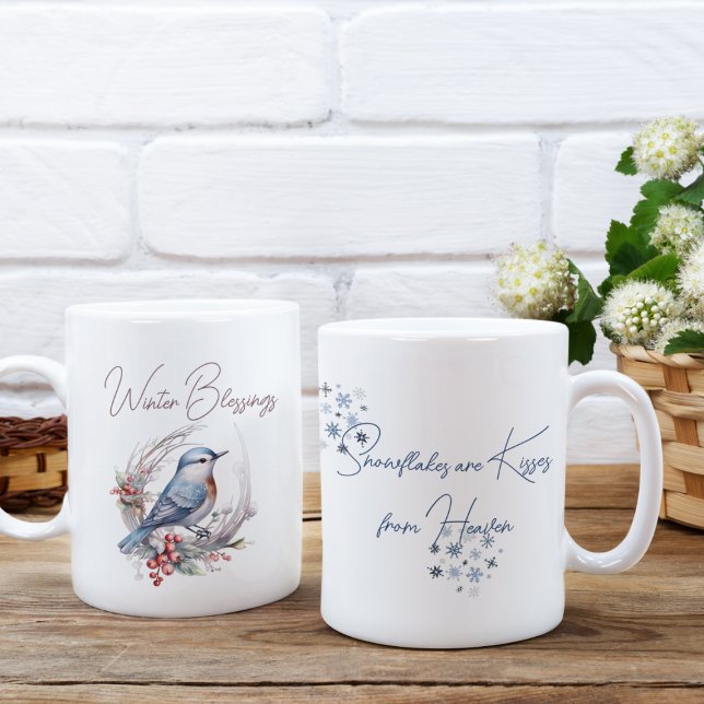 Tasse 2 Couleurs Aquarelle doux Oiseau d'hiver Snowflakes (Créateur téléchargé)