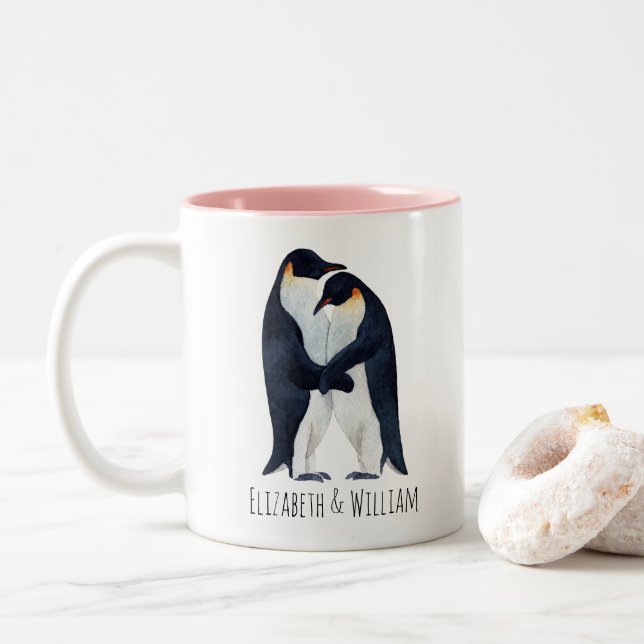 Tasse 2 Couleurs  Aquarelle Empereur Penguins Nom du couple  (Avec donut)