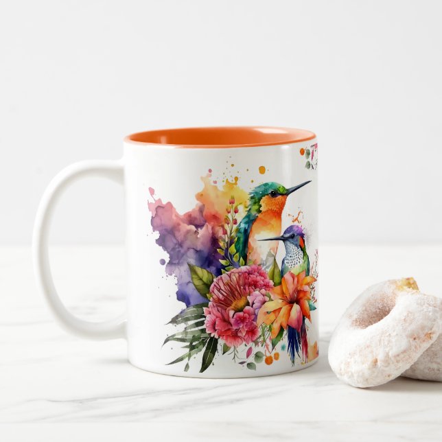 Tasse 2 Couleurs Aquarelle mignonne colibri et fleurs exotiques (Avec donut)