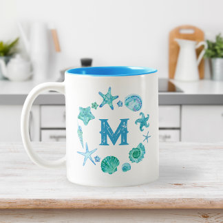 Tasse 2 Couleurs Aquarelle Océan Coques de mer et Monogramme de poi