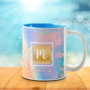 Tasse 2 Couleurs Aquarelle or turquoise orange violet or monogrammé