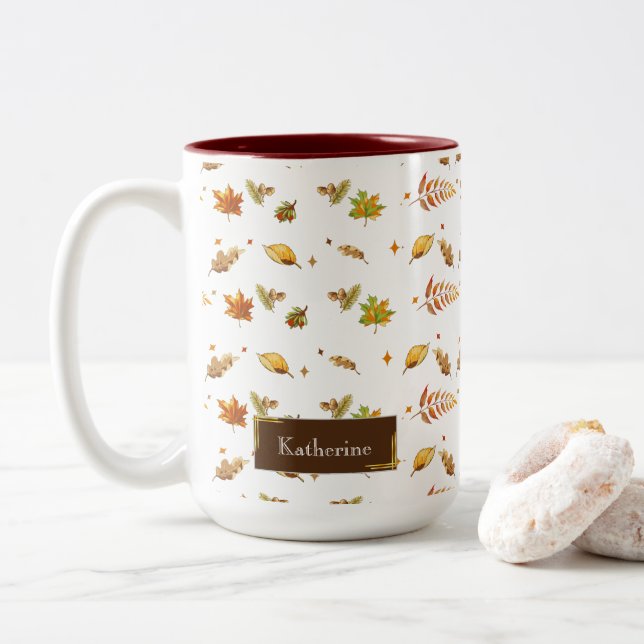Tasse 2 Couleurs Aquarelle Thanksgiving Chute Feuilles Monogramme (Avec donut)