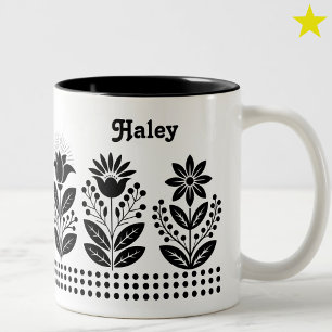 Tasse 2 Couleurs Art floral minimaliste noir nom personnalisé
