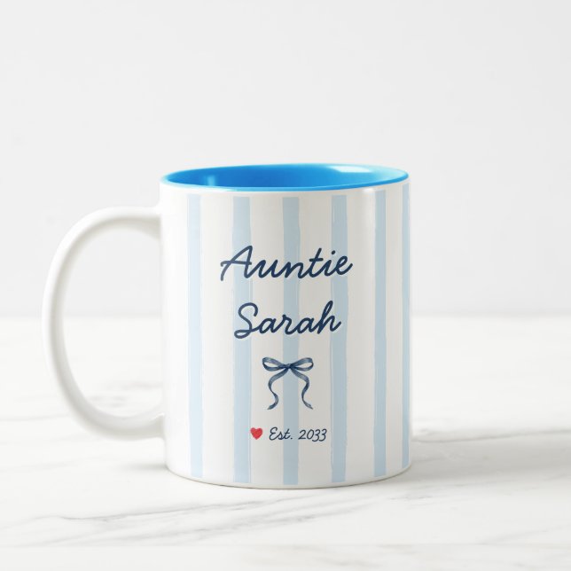 Tasse 2 Couleurs Auntie Personalized Name Blue Stripes Coquette Bow (Gauche)