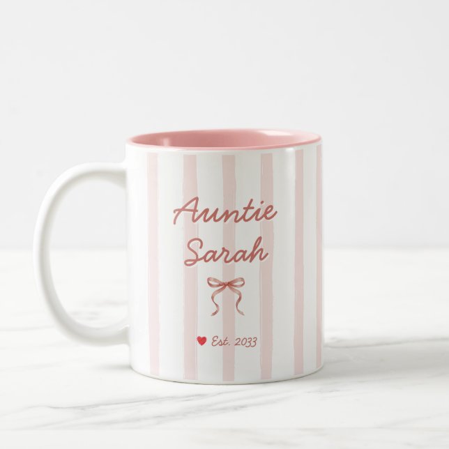 Tasse 2 Couleurs Auntie Personalized Name Pink Stripes Coquette Bow (Gauche)