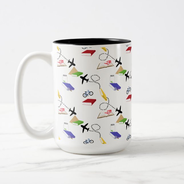 Tasse 2 Couleurs Avion Bicyclettes Books Rouge Jaune Bleu Voyage (Gauche)