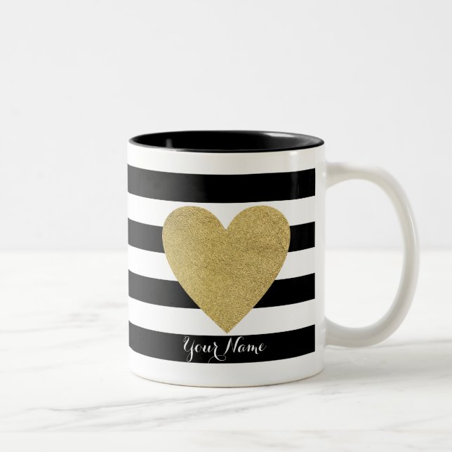 Tasse 2 Couleurs Bandes noires et blanches avec coeur à huile d'or (Droit)