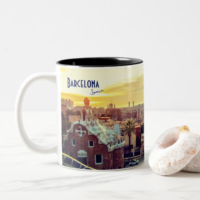 Tasse 2 Couleurs Barcelone, Espagne - Parc Guell (Avec donut)