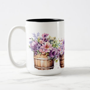TASSE 2 COULEURS BARREAUX D'EAU EN COULEUR D'EAU AVEC FLEURS ROSES