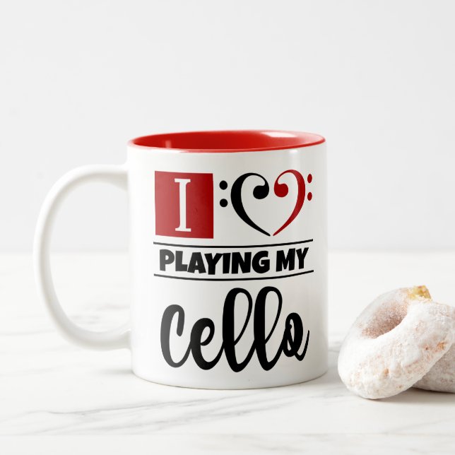 Tasse 2 Couleurs Bass Clef Coeur J'Aime Jouer Mon Cello (Avec donut)