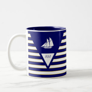 Tasse 2 Couleurs Bateau et monogramme sur rayures bleues et blanche