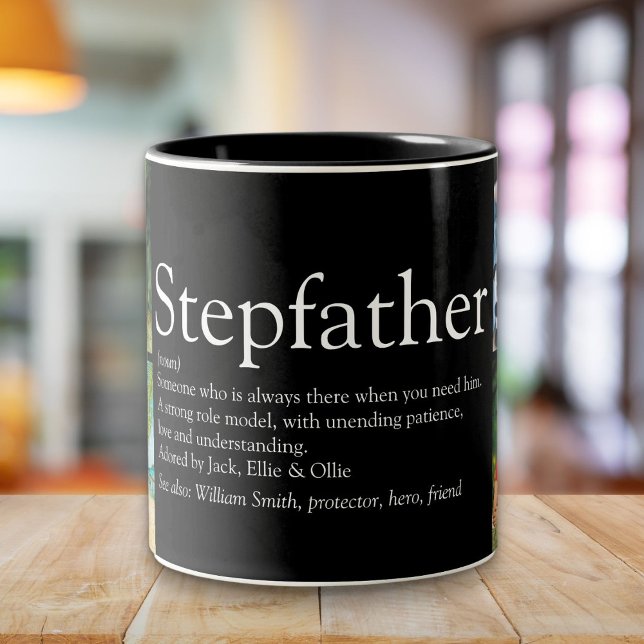 Tasse 2 Couleurs Beau-père, Définition de beau-papa 4 Photo Fun Noi (Stepfather, Stepdad Definition 4 Photo Fun Black Two-Tone Coffee Mug)