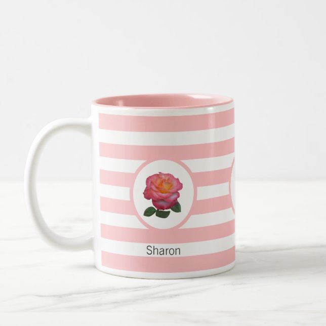 Tasse 2 Couleurs Beau Rose sur Pink & White Striped (Gauche)