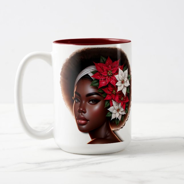Tasse 2 Couleurs Beauté afro-américaine avec Poinsettias Noël (Gauche)