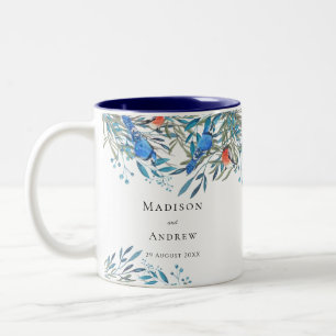 Tasse 2 Couleurs Beaux Oiseaux à l'aquarelle et Mariage de Feuillag