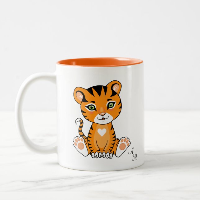 Tasse 2 Couleurs Bébé mignon Tigre Animal Cartoon & Monogramme (Gauche)