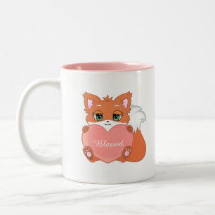 Tasse 2 Couleurs Bébé renard mignon et heureux avec un cœur rose