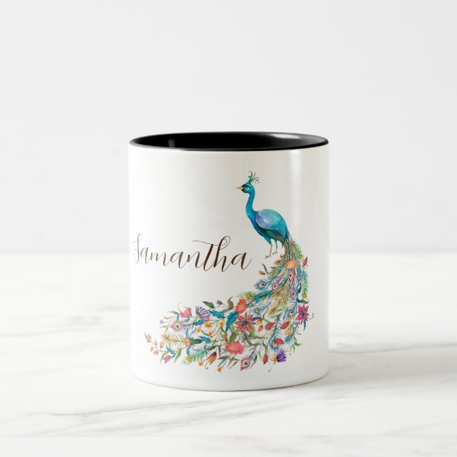 Tasse 2 Couleurs Belle aquarelle bleu paon I (Centre)