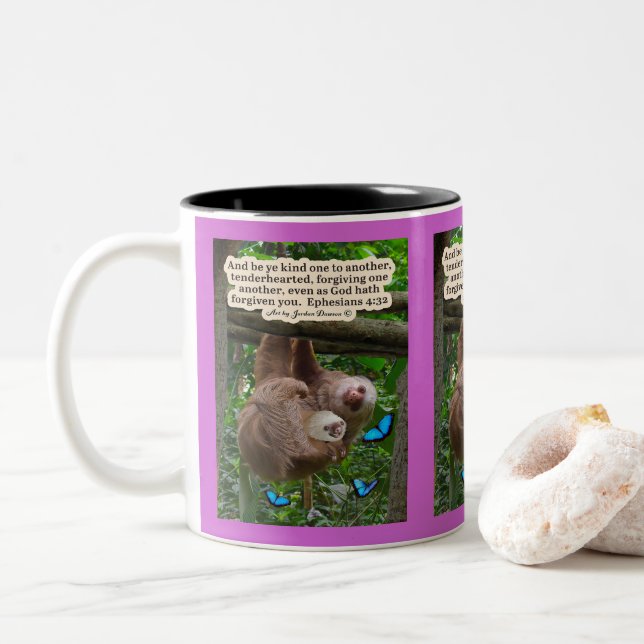 Tasse 2 Couleurs Belle Écriture de Sloth : Ephésiens 4:32 (Avec donut)