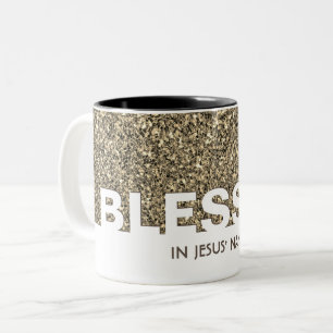 Tasse 2 Couleurs BÉNI au nom de Jésus   Paillettes BEIGE élégantes