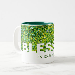 Tasse 2 Couleurs BÉNI au nom de Jésus   Paillettes VERTES élégantes