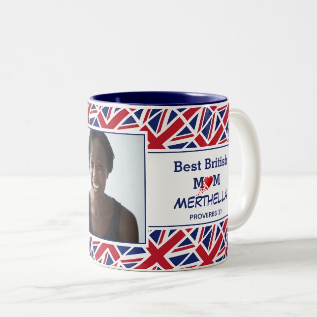 Tasse 2 Couleurs BEST BRITISH MUM photo Union Jack personnalisée (Devant droit)