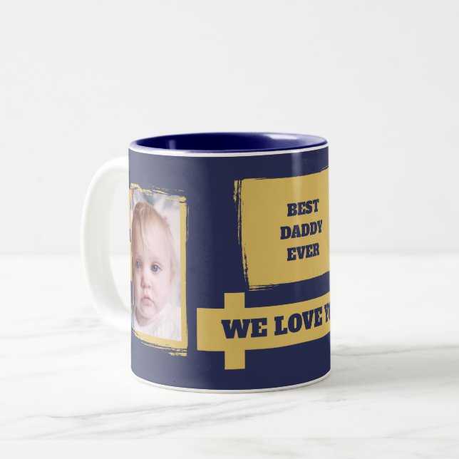 Tasse 2 Couleurs Best Daddy Ever 2 photos vous aiment marine or (Devant gauche)