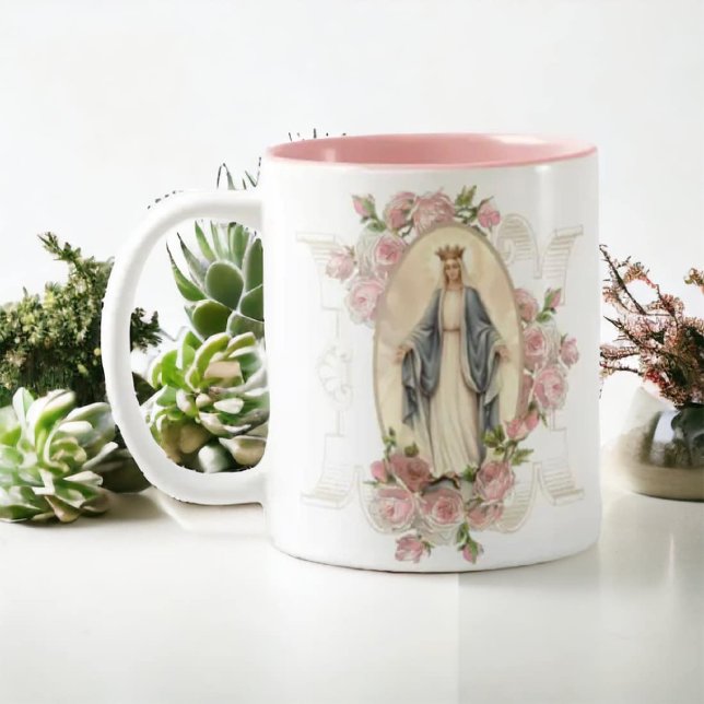 Tasse 2 Couleurs Bienheureuse Vierge Marie Fleurs Mémorare Prière (Créateur téléchargé)