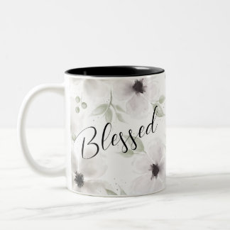 Tasse 2 Couleurs Bienheureux Noir Blanc Aquarelle Foi Florale