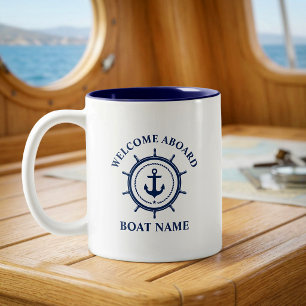 Tasse 2 Couleurs Bienvenue à bord nom du bateau nautique ancre cord