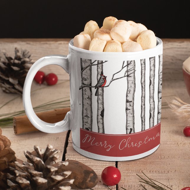 Tasse 2 Couleurs Birch Trees modernes et Red Cardinal Birds (Custom Hand-Drawn Merry Christmas Mug in Black Ink. Cardinal Birds Perched on Birch Trees Pattern.)