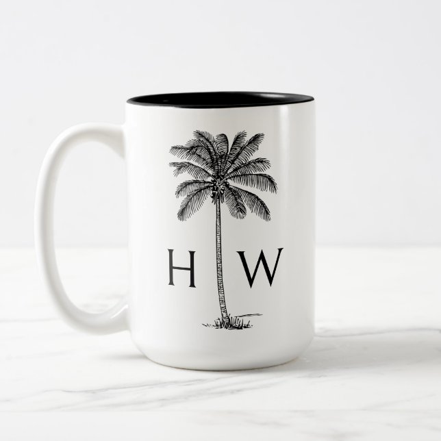 Tasse 2 Couleurs Black and White Palm Palmetto Tree Monogram (Gauche)