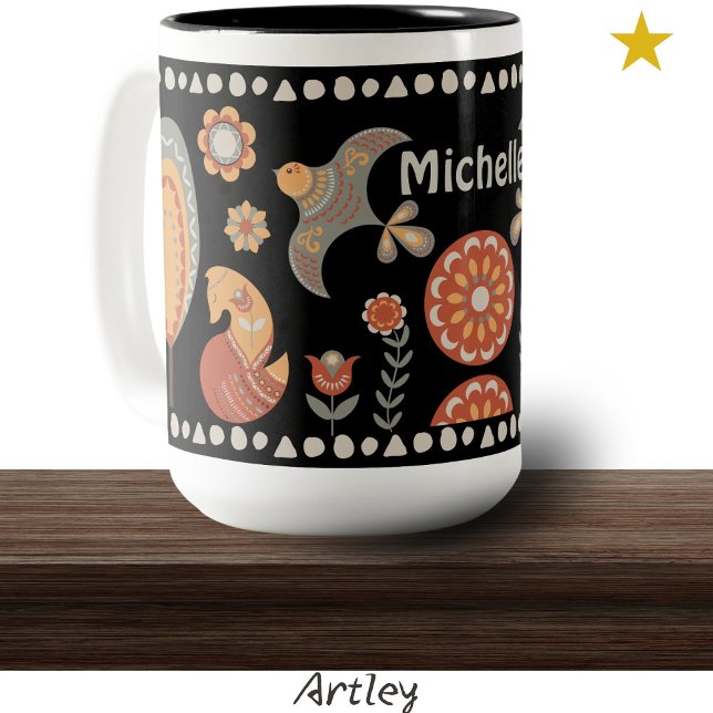 Tasse 2 Couleurs Black Folk Art Animaux Faune Nom personnalisé (Créateur téléchargé)