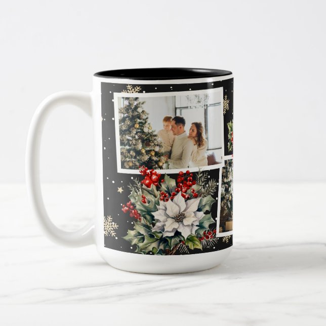Tasse 2 Couleurs Black Poinsettia Holly Berries Photo Noël (Gauche)