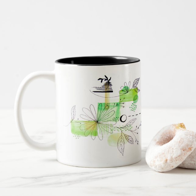 Tasse 2 Couleurs Bleu Abstrait Géométrique Vert Noir (Avec donut)