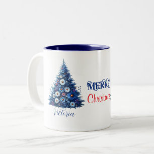 Tasse 2 Couleurs Bleu marguerite Arbre de Noël Joyeux Nom de Noël