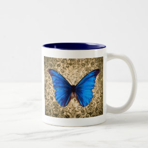 Tasse 2 Couleurs Bleu monarque papillon damassé art Vintage